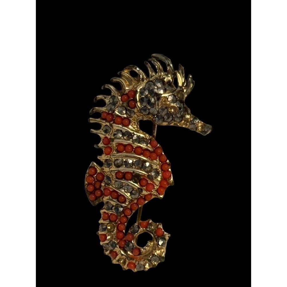 Vintage Seahorse Brooch Gold Tone Coral Glass Marcasite Mid Century Nautical Pin